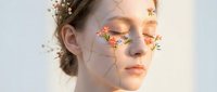 Young woman with artistic floral makeup and geometric face paint in soft natural lighting for beauty and creative portrait concepts.