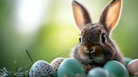 Adorable brown bunny rabbit peeking over decorated Easter eggs against soft green bokeh background, creating festive spring holiday atmosphere.