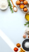 Fresh cooking ingredients arranged on white marble background with eggs, flour, herbs, spices and oil creating culinary frame with copy space for recipes.
