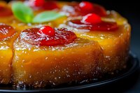 Pineapple upside down cake with caramelized fruit and maraschino cherries on dark plate. Homemade dessert with glossy golden syrup and fresh mint garnish.