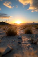 Golden sunset illuminates desert grass tufts against mountain silhouettes, with sand and rocks in foreground creating dramatic shadows in wilderness landscape.