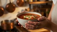 Hands holding warm bowl of soup with garnish and herbs, cozy autumn kitchen setting with candles and warm lighting for comfort food and seasonal cooking content.