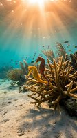 Vibrant underwater coral reef scene with sunbeams penetrating turquoise water, tropical fish swimming among colorful corals on sandy ocean floor.
