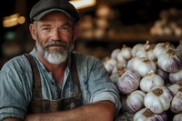 Mature Caucasian farmer with gray beard wearing cap and apron smiles confidently while standing next to fresh harvested garlic bulbs at local market or farm shop.