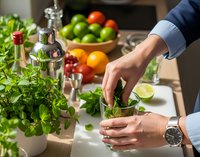 Fresh herbs being prepared in modern kitchen with colorful vegetables and cocktail shaker for healthy cooking and mixology recipes.