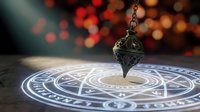 Ornate bronze pendulum swinging over glowing mystical pentagram circle with warm bokeh lights creating magical divination atmosphere for spiritual practices.
