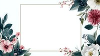 Elegant floral frame with pink dahlia, white rose, and teal foliage on white background. Perfect for wedding invitations or greeting cards.