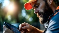 Bearded Caucasian man in orange cap using mobile device outdoors. Side profile of athletic male with facial hair checking smartphone screen in natural lighting.