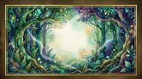 Enchanted forest portal with mystical glowing light surrounded by lush tropical foliage and magical vines creating natural archway for fantasy storytelling.