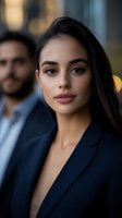 Young Hispanic businesswoman in navy suit with confident expression in modern office environment with male colleague in background.