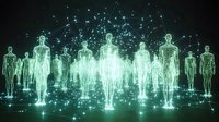 Glowing digital human figures connected by luminous network lines on dark background, representing global communication, data connection, teamwork, and virtual community for technology and business concepts.