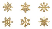 Golden snowflakes collection isolated on white background for winter holiday decorations, Christmas designs, greeting cards and festive projects.