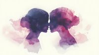 Romantic silhouettes of couple in profile facing each other with watercolor splash effect in purple and pink tones creating dreamy atmospheric mood.