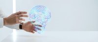 Professional hands presenting holographic brain model with neural network patterns for medical technology and artificial intelligence concepts.