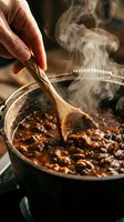 Steaming hearty chili with beans and ground meat simmering in a cast iron pot, stirred with a wooden spoon for a rustic homemade cooking scene.
