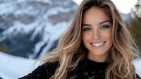 Young woman with radiant smile and flowing blonde hair against snowy mountain backdrop, wearing black winter sweater, capturing natural outdoor winter lifestyle.