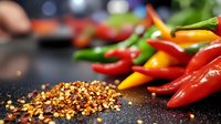 Fresh red and yellow chili peppers with scattered crushed red pepper flakes on dark background, selective focus on spices, dramatic food photography.