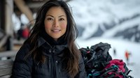 Young Asian woman smiling at winter ski resort wearing black down jacket, long dark hair, natural makeup, snowy mountain background with sports equipment and gear.