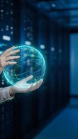Hands holding glowing digital globe with network lines in server room environment, representing global connectivity, data transfer, and technology innovation for business solutions.