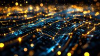 Futuristic circuit board pattern with glowing blue and gold light effects, bokeh overlay creating depth and technological atmosphere. Digital network concept.