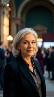 Professional senior businesswoman with gray hair in elegant suit standing confidently in historic building lobby with warm lighting and blurred crowd background.