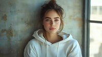Young Caucasian woman in white hoodie near window with natural light, messy bun hairstyle and minimal makeup, looking at camera with gentle smile against textured wall.