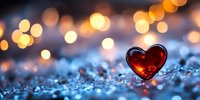 Red glass heart on sparkling blue crystal surface with golden bokeh lights in background, romantic Valentine's Day composition for greeting cards and love concepts.