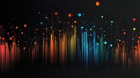 Abstract colorful light lines rising vertically with glowing particles against dark background, spectrum from orange to blue creating dynamic motion effect.
