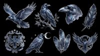 Dark raven clipart set with flying crows, feathers, and heraldic elements, isolated on transparent background. Ready for t-shirt design, stickers, and print on demand.