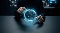 Businessman hands protecting glowing digital network sphere with connected nodes representing global connectivity, cybersecurity and data protection concepts.