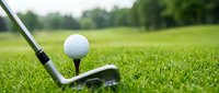 Golf club and white ball on tee ready for shot on green course fairway with blurred trees background for sports recreation and leisure activities.