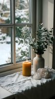 Cozy winter windowsill scene with burning candle, eucalyptus branches in vase and crystals on marble surface during snowy day for home decor inspiration.