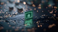 Glowing medical cross icon on computer circuit board with bokeh lights background, representing digital healthcare technology and telemedicine solutions.