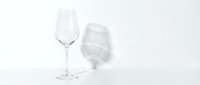 Two elegant wine glasses on white background, one standing upright and one lying down, creating artistic shadows for minimalist design concepts.