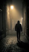 Person jogging alone through foggy narrow alley at night, illuminated by street lamp, wearing dark hoodie and athletic gear for fitness and urban running concepts.
