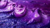 Vibrant purple paint swirls create dynamic abstract texture with water droplets and glossy peaks, showcasing fluid art technique in macro photography. Suitable for luxury branding.