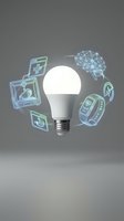 LED light bulb surrounded by glowing healthcare technology icons including brain network, smartwatch, medical apps for digital health innovation concept.