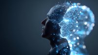 Silhouette profile with glowing digital brain network overlay showing artificial intelligence and neural connections in blue technological concept.