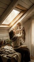 Mother holding baby in cozy wooden attic room with skylight window. Warm natural light creates intimate family moment in rustic interior for parenting content.