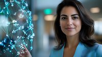 Young Mediterranean businesswoman in blue blazer smiling confidently next to glowing digital DNA structure visualization in modern office environment. Scientific research concept.