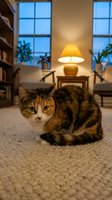 Calico tabby cat sitting on a textured rug in a cozy living room with warm lamp light and blue evening windows.