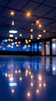 Glowing ceiling lights reflected on glossy floor surface creating magical bokeh effect in empty modern interior space with blue ambient lighting.