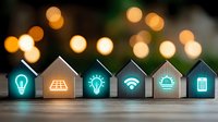 Small wooden houses with glowing smart home technology icons against blurred bokeh background showcase modern home automation and connected living solutions.