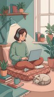 Young woman working from home on laptop with headphones in cozy room with plants and cat. Remote work, freelance, online learning, digital nomad lifestyle.