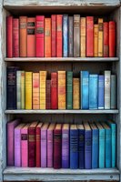 Colorful vintage books arranged by spectrum on rustic wooden shelves, creating rainbow effect for home library, education, or literary concepts.