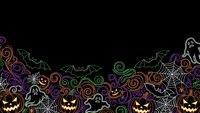Halloween border with glowing pumpkins, ghosts, bats and spider webs on black background for seasonal decorations and party invitations.