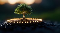 Small green tree growing from soil with glowing bokeh lights in circle, magical nature concept with illuminated roots against dark background at sunset.