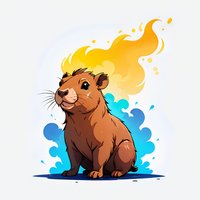 Cute brown capybara character with colorful yellow and blue splash background effect on white isolated background. Ready for merchandise and design use.