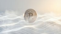 Bitcoin cryptocurrency coin floating above flowing digital waves with golden light effects representing blockchain technology and financial innovation.
