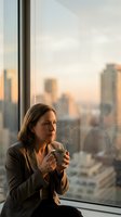 Middle-aged Caucasian businesswoman enjoying hot coffee by office window with urban skyline view during golden hour sunset for corporate lifestyle concepts.